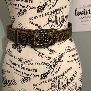 Olga Santini Brown Western Tooled Leather Belt with Jeweled Buckle Size Small
